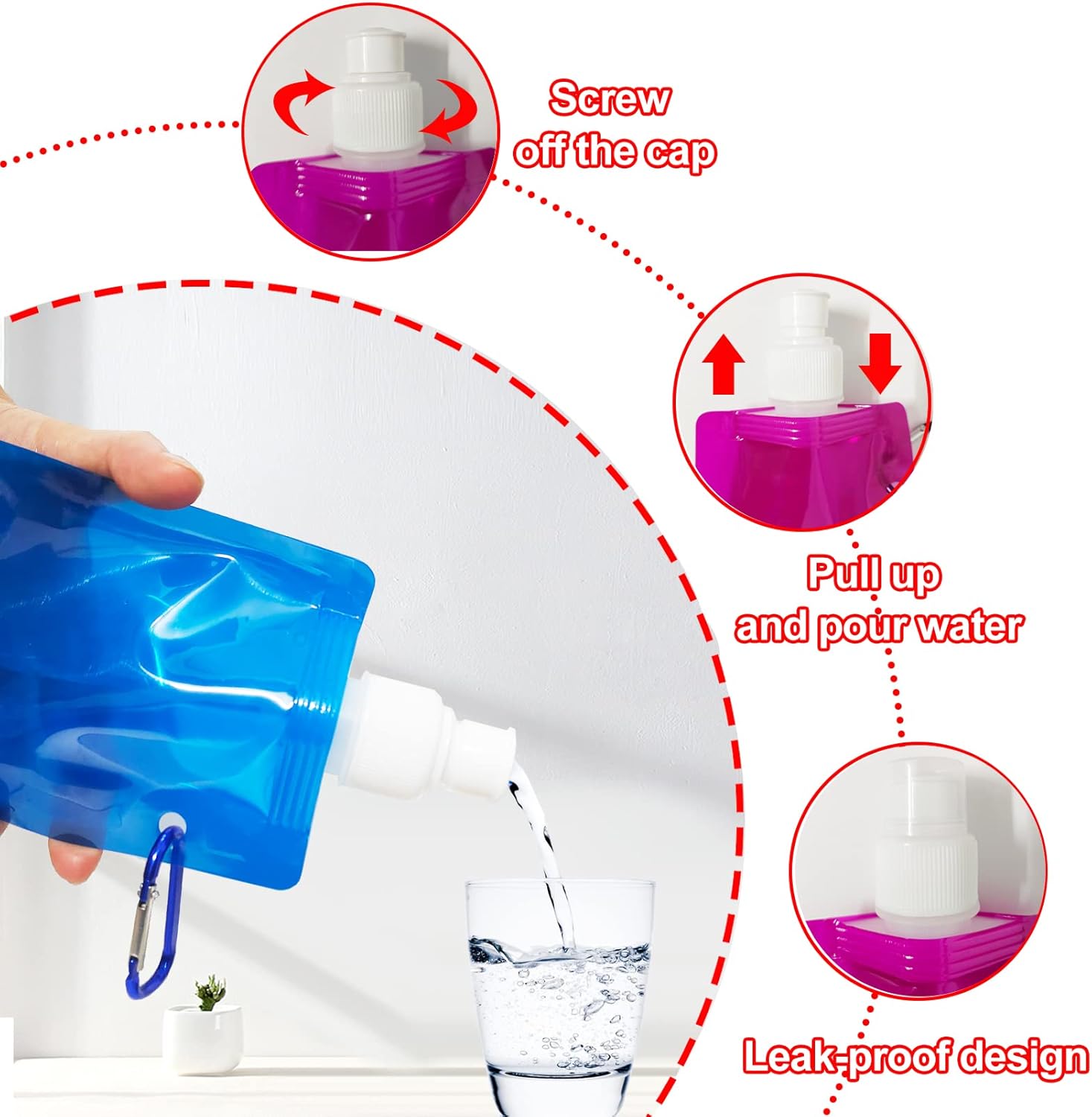 10 Pack Collapsible Water Bottles,Reusable Drinking Water Bags with Carabiner Clip,480ml Travel Water Bottle,Leak Proof Water Bottles for Camping,Hiking Travel,Gym,Sports,Biking,BPA Free