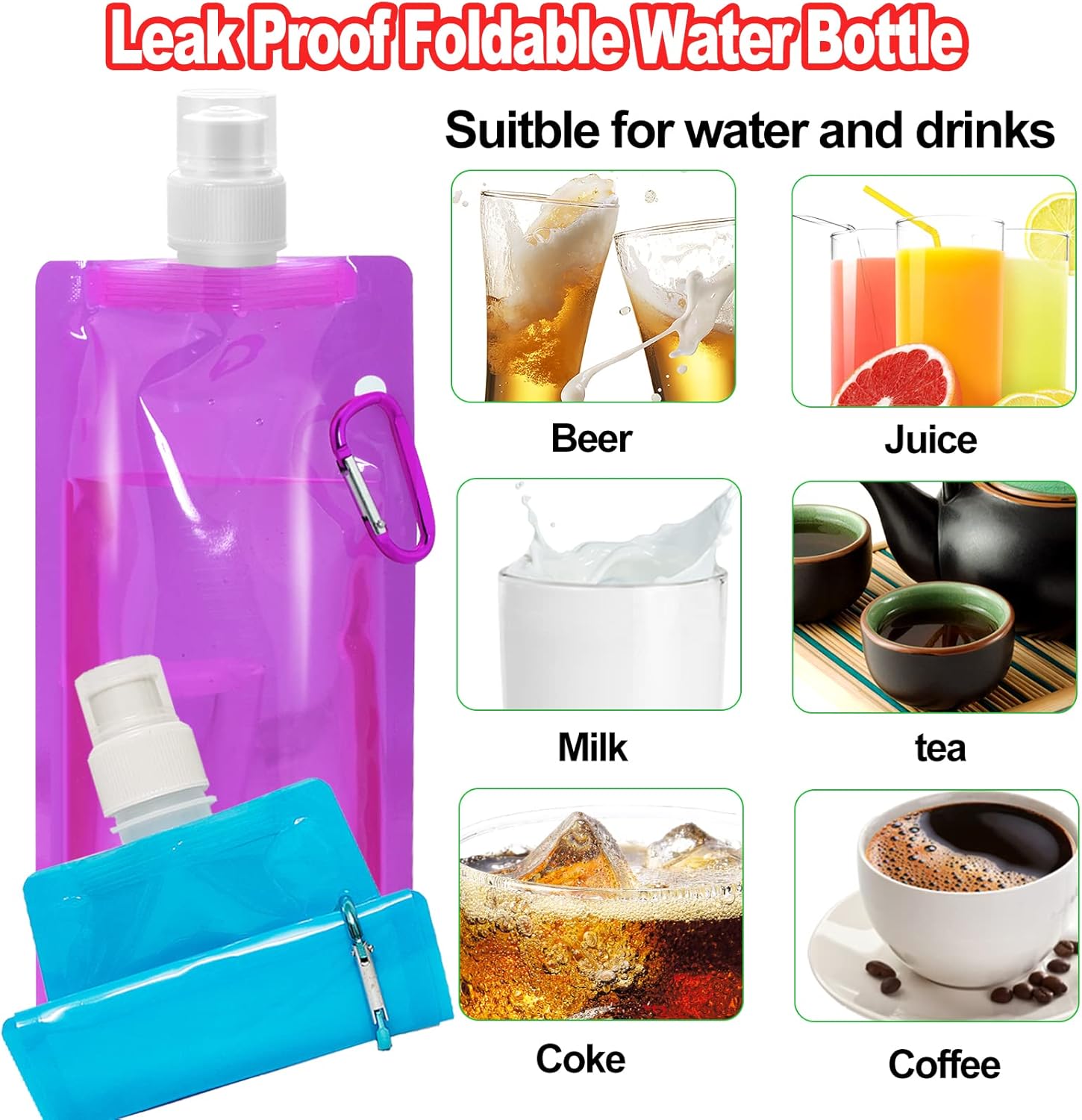 10 Pack Collapsible Water Bottles,Reusable Drinking Water Bags with Carabiner Clip,480ml Travel Water Bottle,Leak Proof Water Bottles for Camping,Hiking Travel,Gym,Sports,Biking,BPA Free