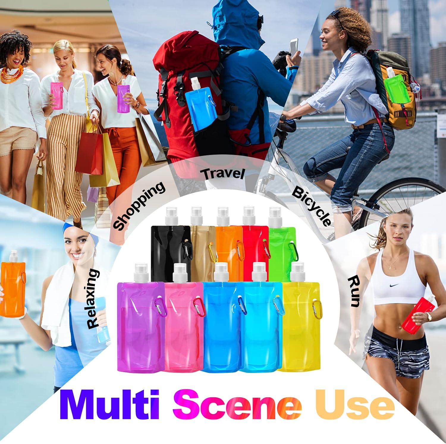 10 Pack Collapsible Water Bottles,Reusable Drinking Water Bags with Carabiner Clip,480ml Travel Water Bottle,Leak Proof Water Bottles for Camping,Hiking Travel,Gym,Sports,Biking,BPA Free