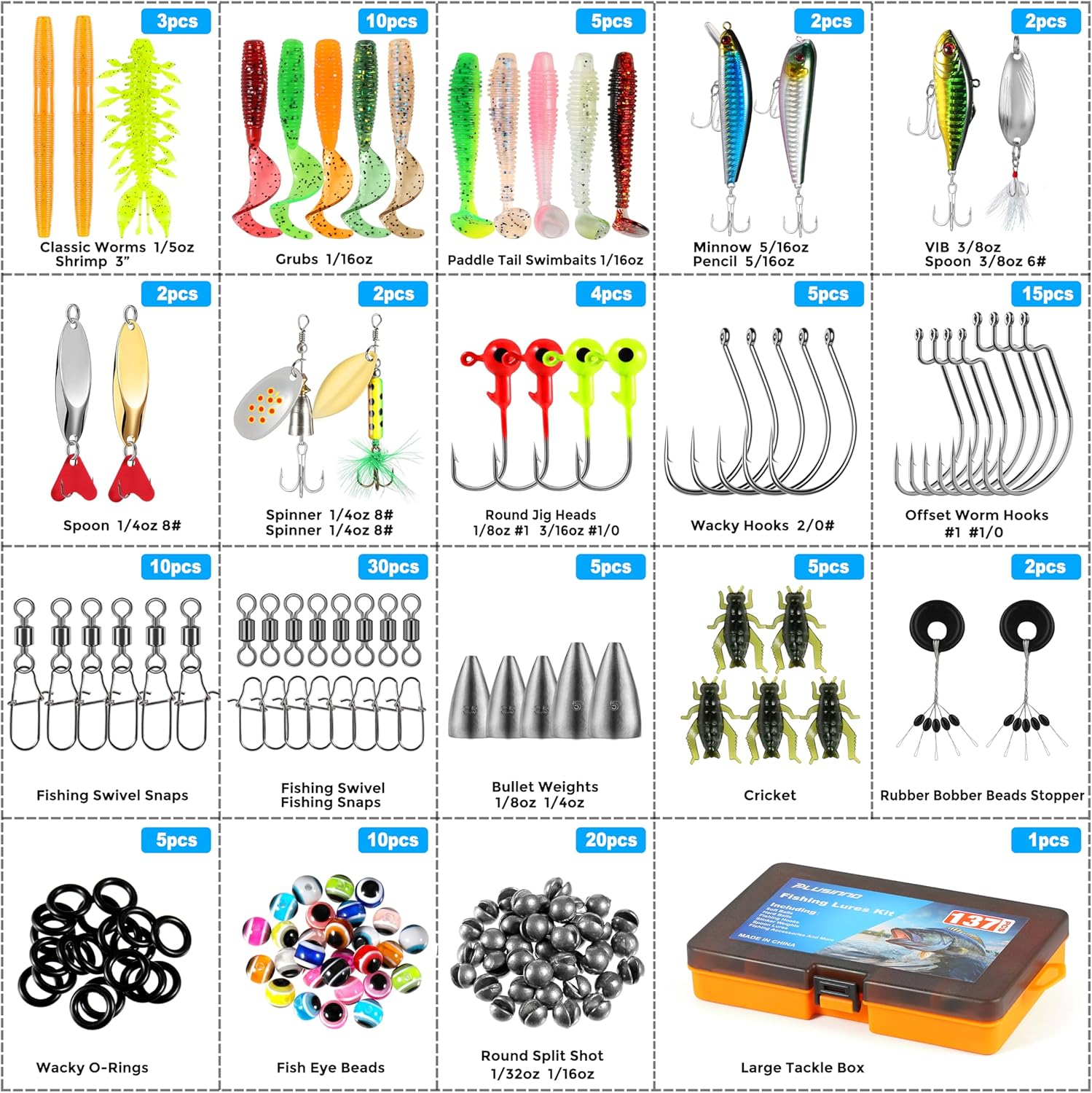 PLUSINNO Fishing Lures, 137Pcs Tackle Box with Tackle Included, Crankbaits, Spoon, Hooks, Weights & Other Accessories, Fishing Bait Lure Gear Kit Gift for Men Bass Freshwater