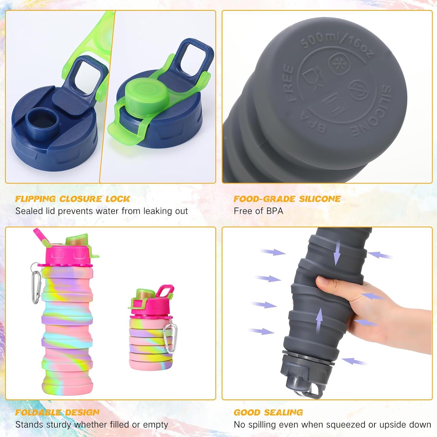 Sunnyray 20 Pack Collapsible Water Bottles Bulk Foldable Water Bottles 17oz Silicone Portable Leak Proof Reusable Sports with Clip for Travel Hiking Camping Outdoor(Camouflage)