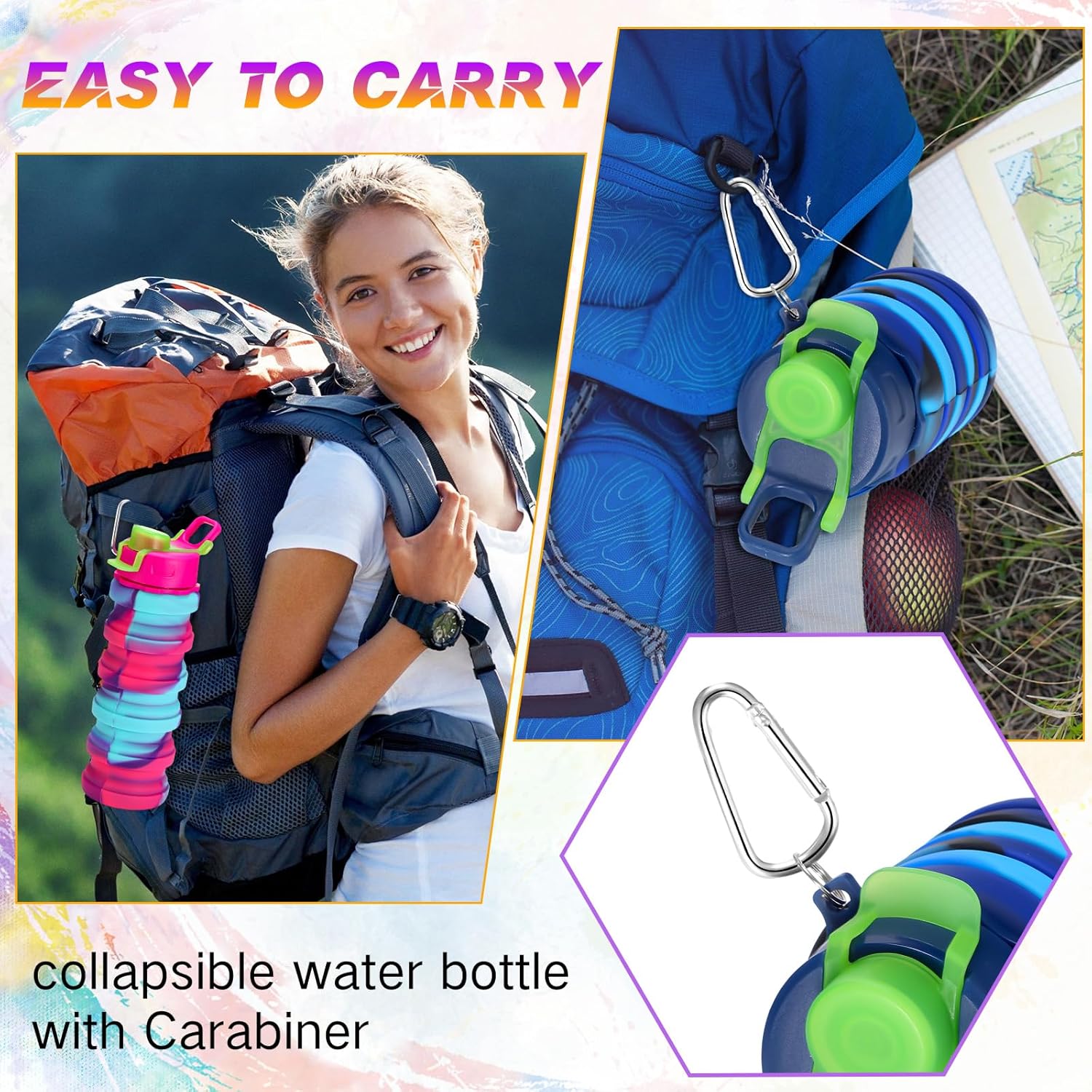 Sunnyray 20 Pack Collapsible Water Bottles Bulk Foldable Water Bottles 17oz Silicone Portable Leak Proof Reusable Sports with Clip for Travel Hiking Camping Outdoor(Camouflage)